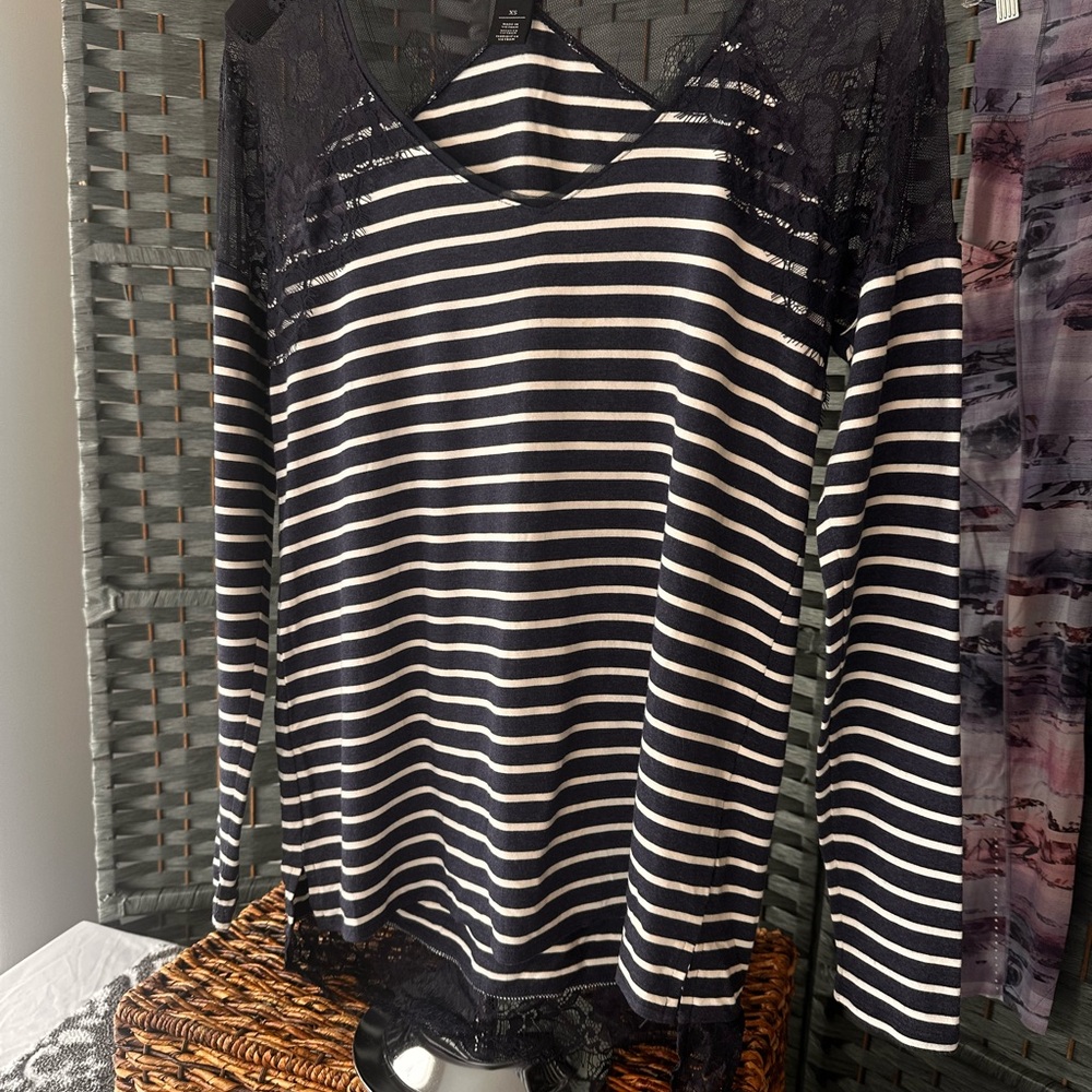 White House Black Market Black and White Striped Lace Top